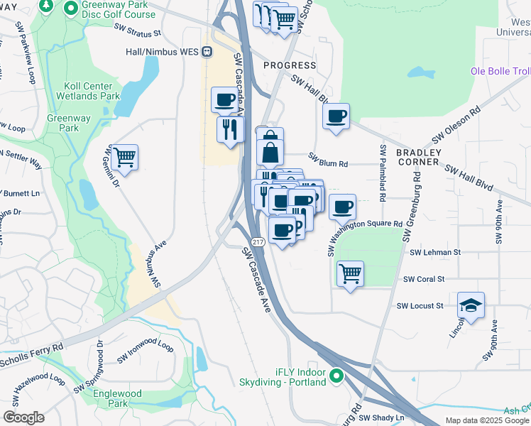map of restaurants, bars, coffee shops, grocery stores, and more near 10098 Southwest Washington Square Road in Tigard