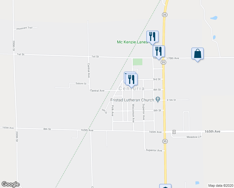 map of restaurants, bars, coffee shops, grocery stores, and more near 515 4th Street in Centuria