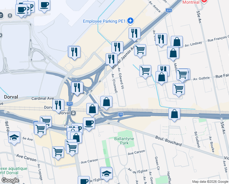 map of restaurants, bars, coffee shops, grocery stores, and more near 552 Avenue O'connell in Dorval