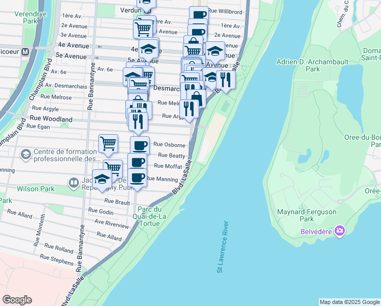 map of restaurants, bars, coffee shops, grocery stores, and more near Boulevard Lasalle & Rue Wellington in Montréal