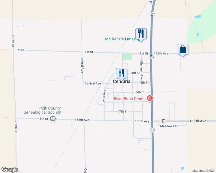 map of restaurants, bars, coffee shops, grocery stores, and more near 515 4th Street in Centuria