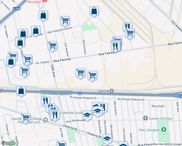 map of restaurants, bars, coffee shops, grocery stores, and more near 1170 50e Avenue in Montréal