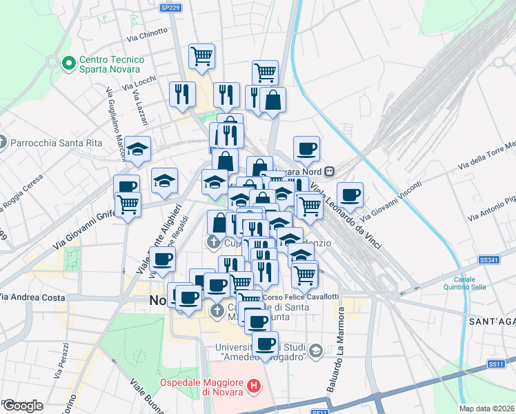 map of restaurants, bars, coffee shops, grocery stores, and more near 1B Via dei Mille in Novara