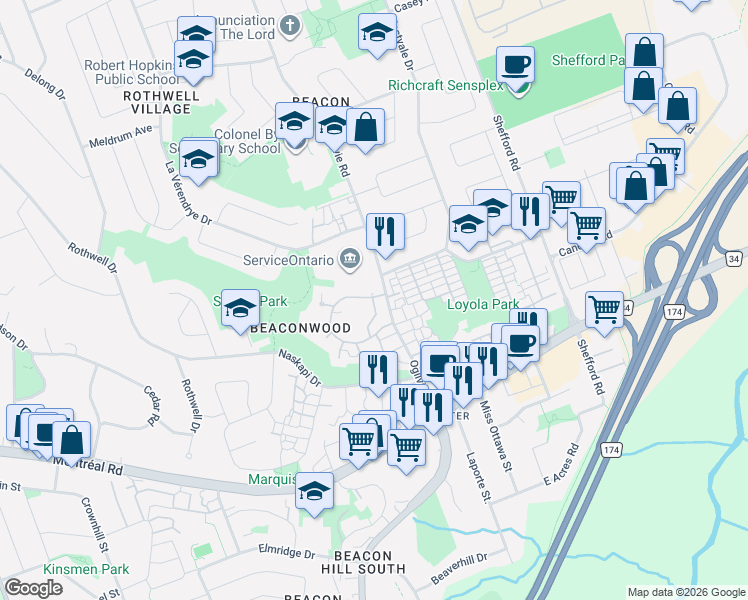 map of restaurants, bars, coffee shops, grocery stores, and more near 1601 Locksley Lane in Ottawa