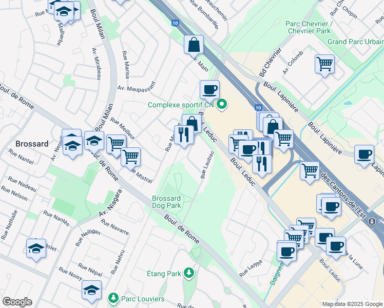 map of restaurants, bars, coffee shops, grocery stores, and more near 7450 Rue Lautrec in Brossard