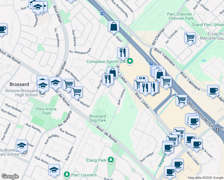 map of restaurants, bars, coffee shops, grocery stores, and more near 7450 Rue Lautrec in Brossard