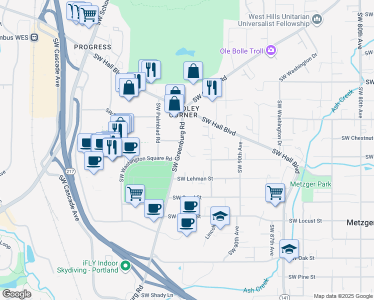 map of restaurants, bars, coffee shops, grocery stores, and more near 9420 Southwest Greenburg Road in Tigard