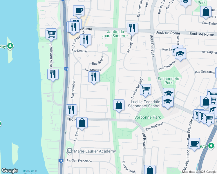 map of restaurants, bars, coffee shops, grocery stores, and more near 1015 Croissant Savard in Brossard