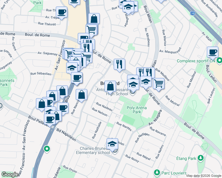 map of restaurants, bars, coffee shops, grocery stores, and more near 2505 Rue Nassau in Brossard