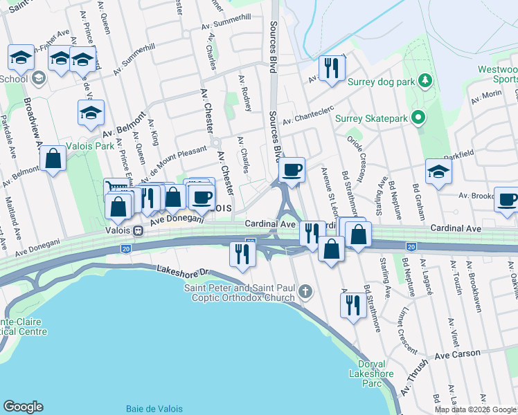 map of restaurants, bars, coffee shops, grocery stores, and more near 4 Avenue Donegani in Pointe-Claire