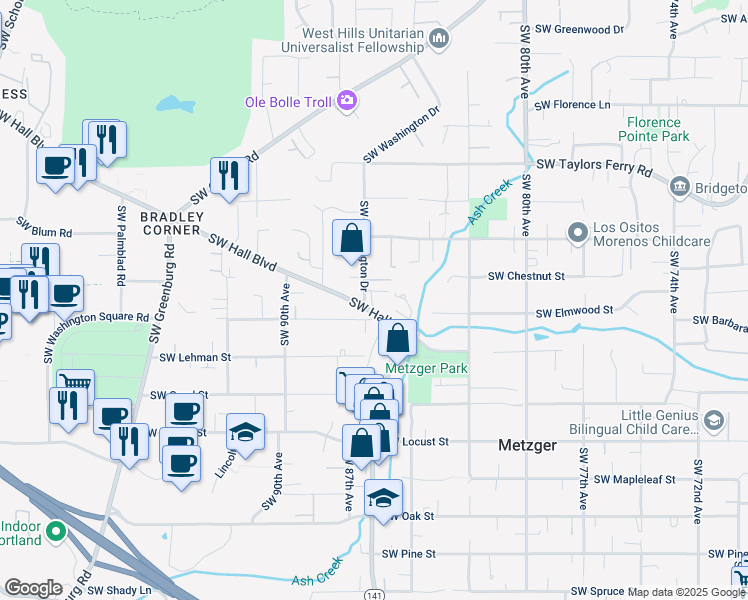 map of restaurants, bars, coffee shops, grocery stores, and more near 8732 Southwest Case Court in Portland