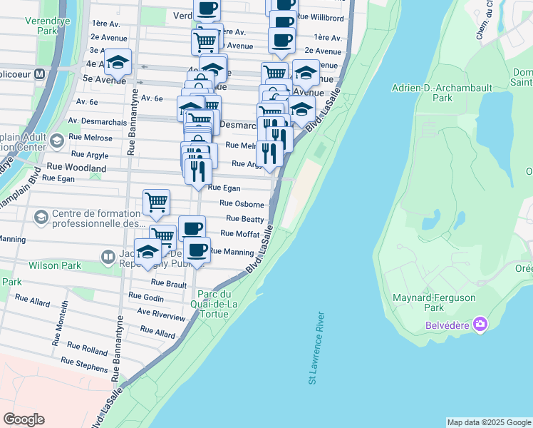 map of restaurants, bars, coffee shops, grocery stores, and more near 5619 Rue Wellington in Montréal