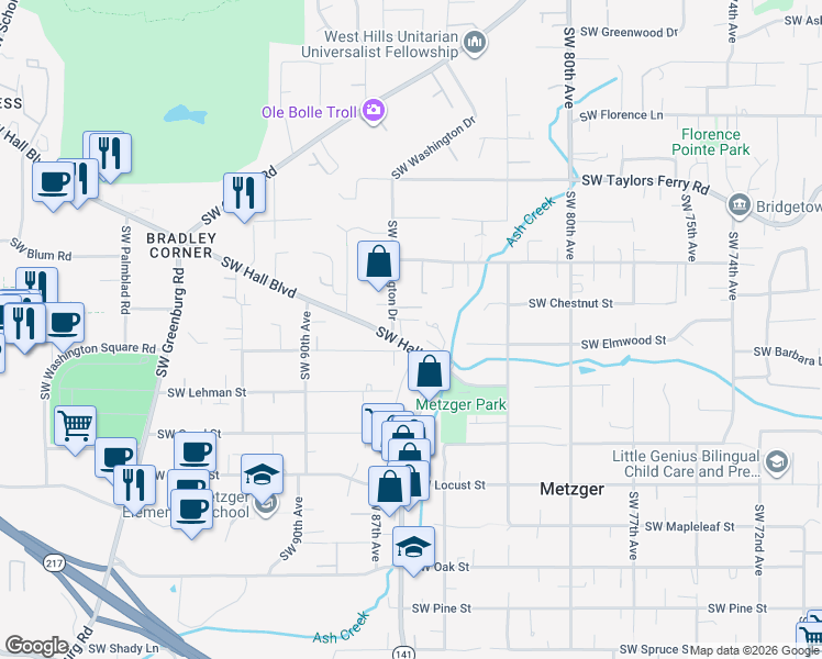 map of restaurants, bars, coffee shops, grocery stores, and more near 9550 Southwest Washington Drive in Portland