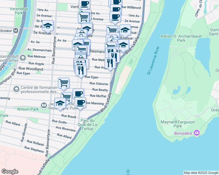 map of restaurants, bars, coffee shops, grocery stores, and more near 5619 Wellington Street, Montreal in Montreal
