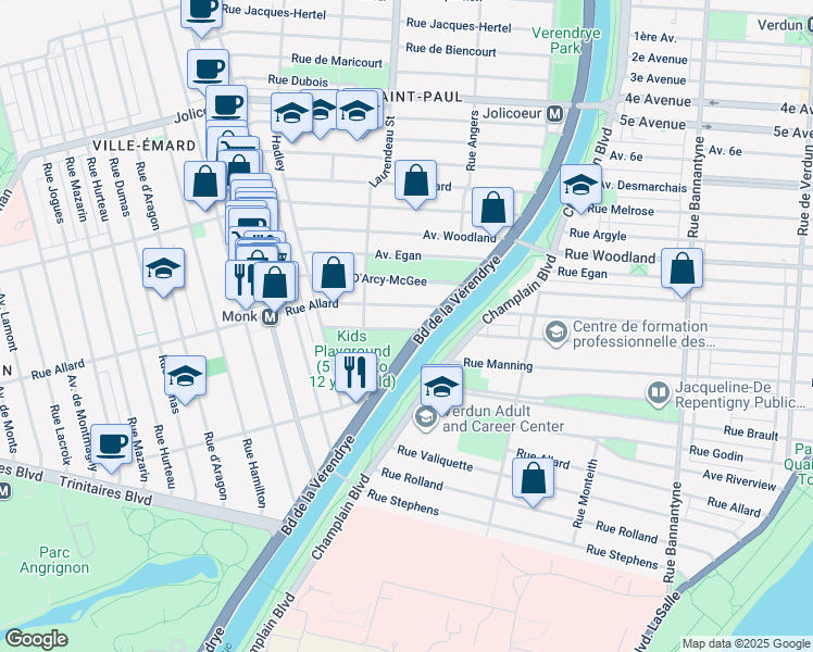 map of restaurants, bars, coffee shops, grocery stores, and more near 1697 Avenue Clifford in Montréal