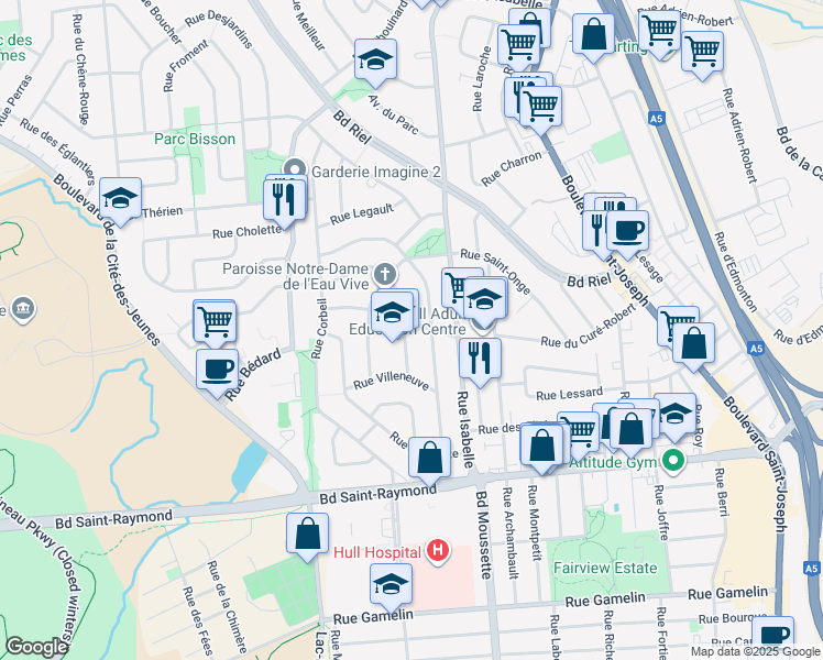 map of restaurants, bars, coffee shops, grocery stores, and more near 16 Rue Doucet in Gatineau