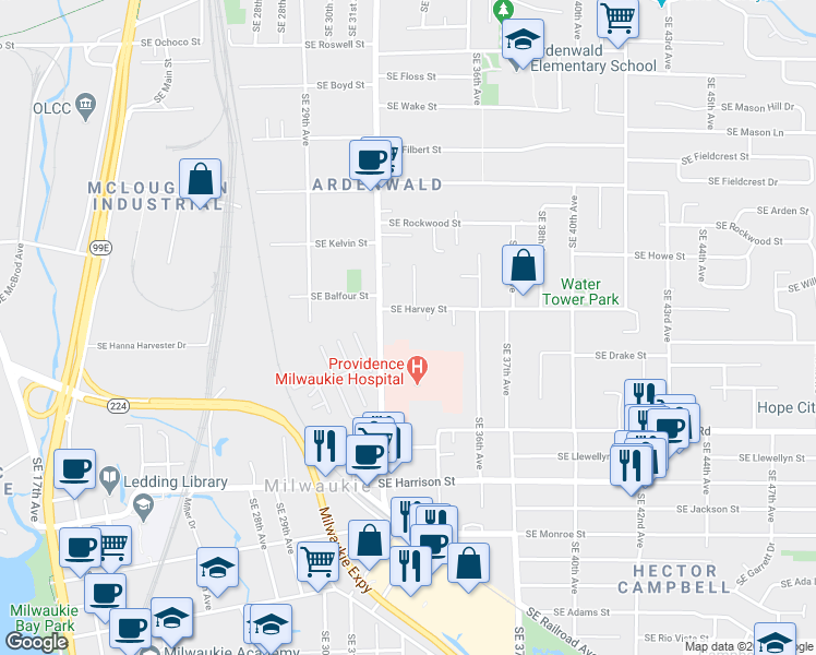map of restaurants, bars, coffee shops, grocery stores, and more near 3325 Southeast Harvey Street in Milwaukie