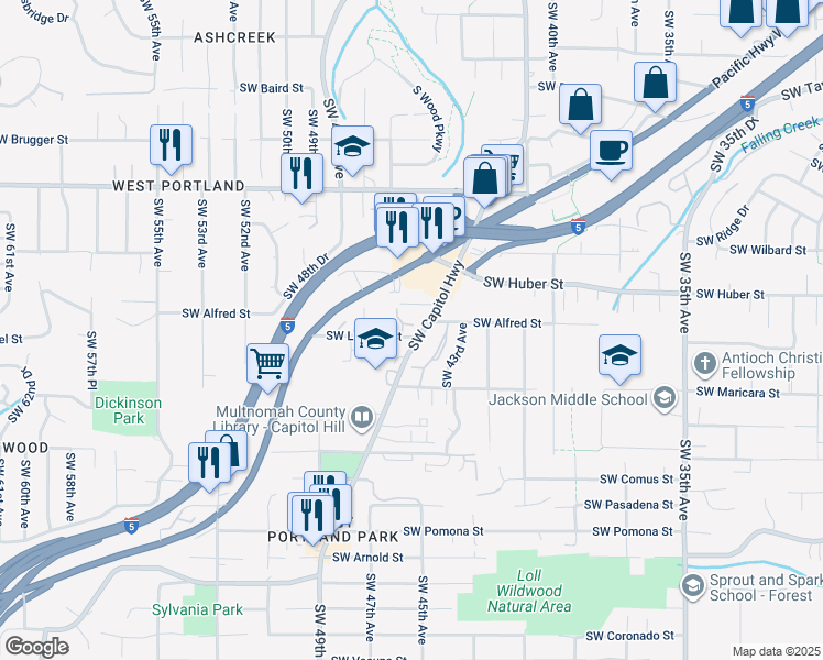 map of restaurants, bars, coffee shops, grocery stores, and more near 4533 Southwest Luradel Street in Portland