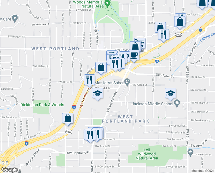 map of restaurants, bars, coffee shops, grocery stores, and more near 10290 Southwest Barbur Boulevard in Portland