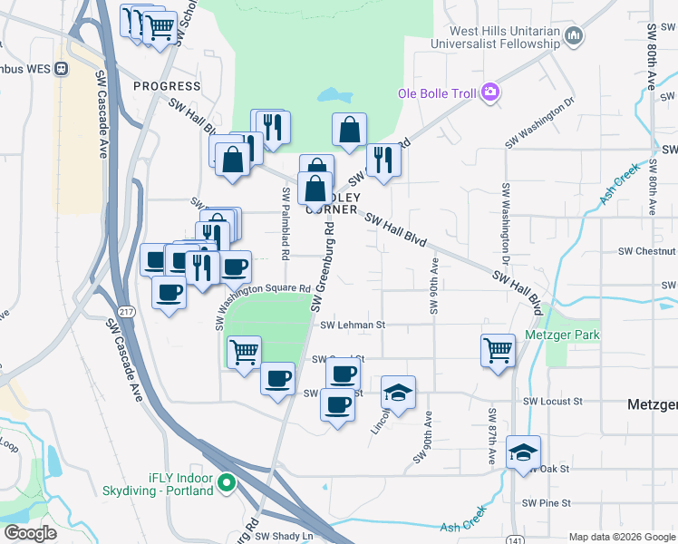 map of restaurants, bars, coffee shops, grocery stores, and more near 9420 Southwest Greenburg Road in Tigard