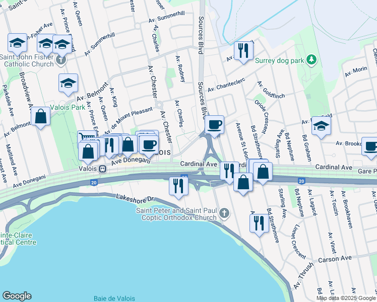 map of restaurants, bars, coffee shops, grocery stores, and more near 6 Avenue Donegani in Pointe-Claire