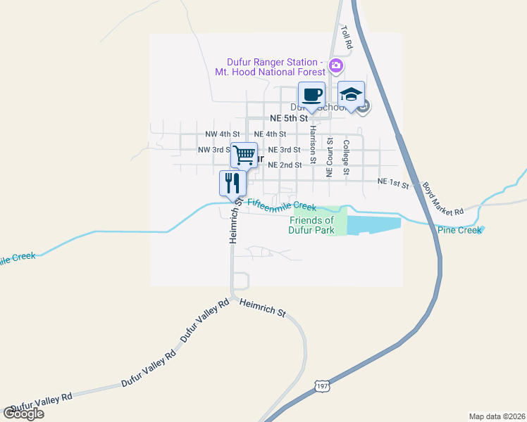 map of restaurants, bars, coffee shops, grocery stores, and more near 230 Hogans Alley in Dufur