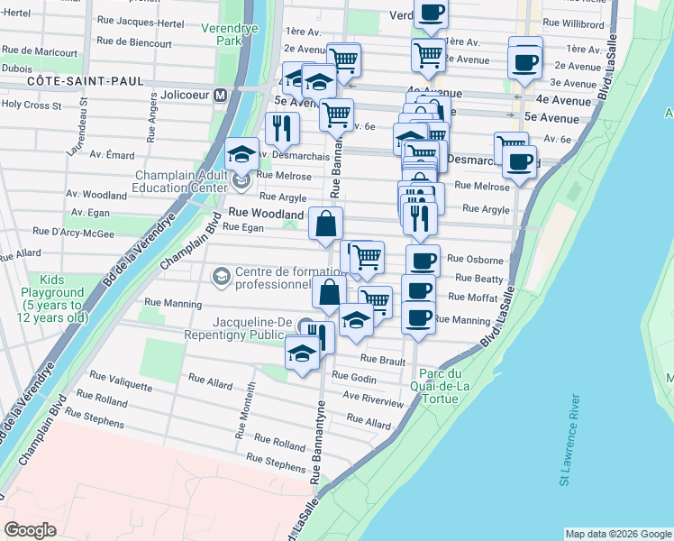 map of restaurants, bars, coffee shops, grocery stores, and more near 779 Rue Beatty in Verdun
