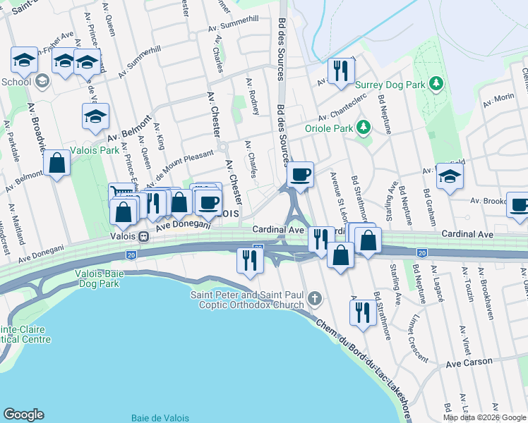 map of restaurants, bars, coffee shops, grocery stores, and more near 6 Avenue Donegani in Pointe-Claire