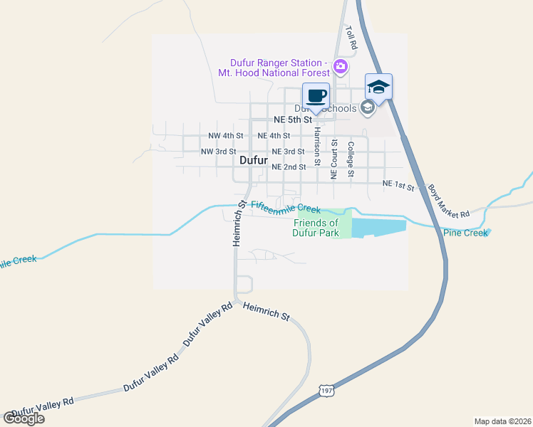 map of restaurants, bars, coffee shops, grocery stores, and more near 230 Hogans Alley in Dufur