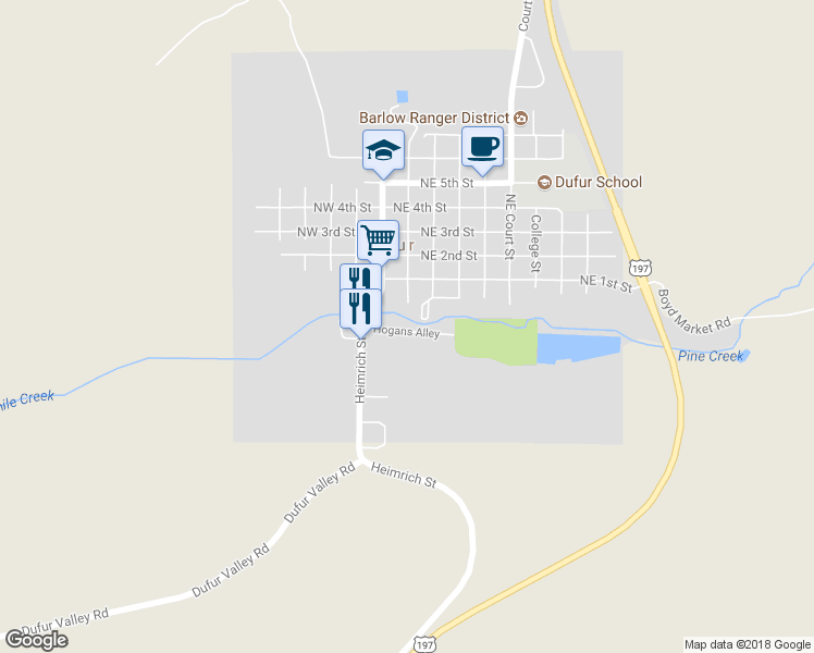 map of restaurants, bars, coffee shops, grocery stores, and more near 230 Hogans Alley in Dufur