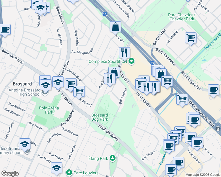map of restaurants, bars, coffee shops, grocery stores, and more near 7475 Rue Lautrec in Brossard