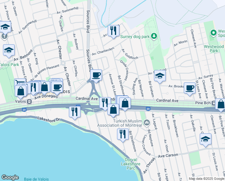 map of restaurants, bars, coffee shops, grocery stores, and more near 524 Avenue Saint Léon in Dorval