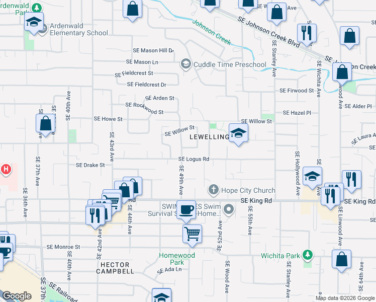 map of restaurants, bars, coffee shops, grocery stores, and more near 4934 Southeast Harvey Street in Milwaukie