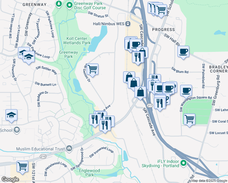 map of restaurants, bars, coffee shops, grocery stores, and more near 9600 Southwest Nimbus Avenue in Beaverton