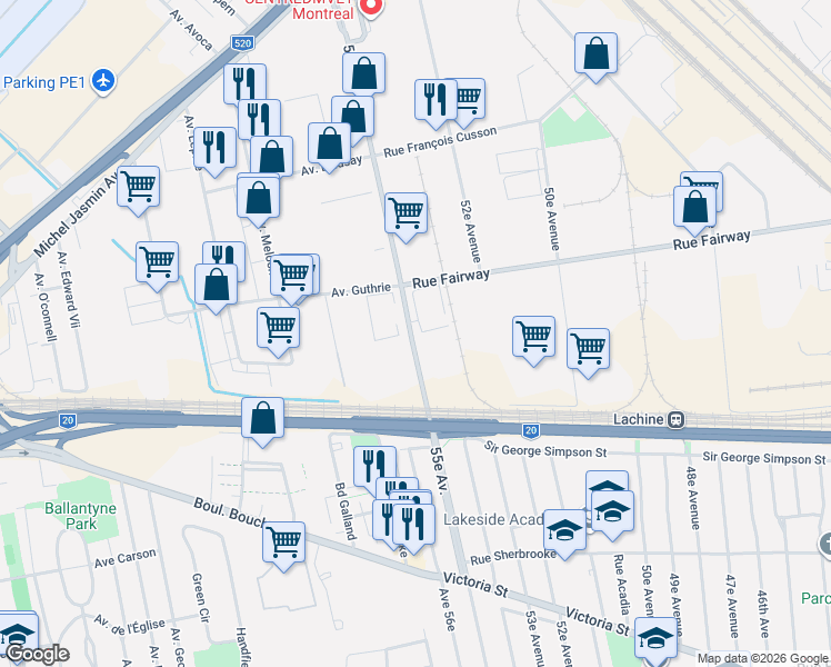 map of restaurants, bars, coffee shops, grocery stores, and more near 1300 55e Avenue in Montréal