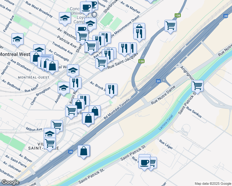 map of restaurants, bars, coffee shops, grocery stores, and more near 181 Avenue Brock Sud in Montréal-Ouest