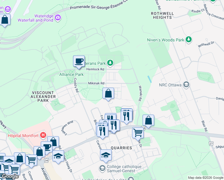 map of restaurants, bars, coffee shops, grocery stores, and more near 625 Makwa Private in Ottawa