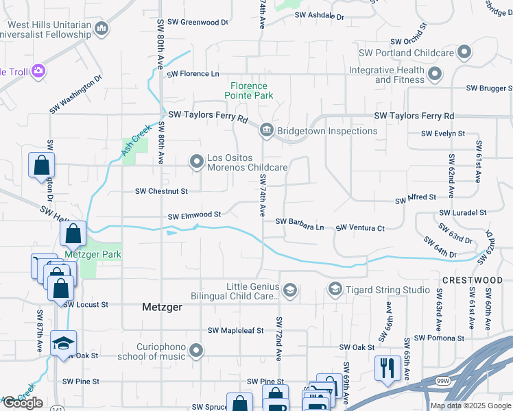 map of restaurants, bars, coffee shops, grocery stores, and more near 7440 Southwest Elmwood Street in Tigard