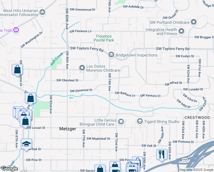 map of restaurants, bars, coffee shops, grocery stores, and more near 7440 Southwest Elmwood Street in Tigard