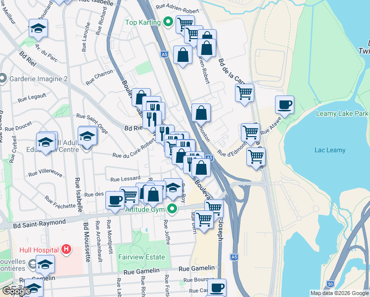 map of restaurants, bars, coffee shops, grocery stores, and more near 11 Rue Abigail in Gatineau