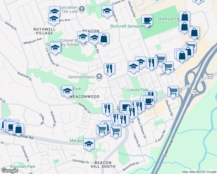 map of restaurants, bars, coffee shops, grocery stores, and more near 1598 Lassiter Terrace in Ottawa