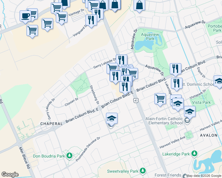 map of restaurants, bars, coffee shops, grocery stores, and more near 123 Montargis Circle in Ottawa