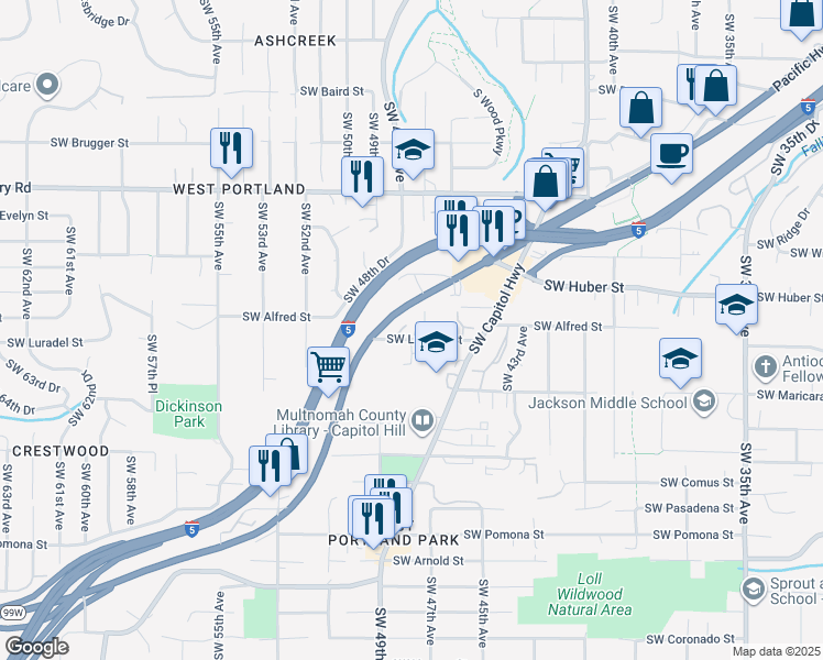 map of restaurants, bars, coffee shops, grocery stores, and more near 4725 Southwest Luradel Street in Portland