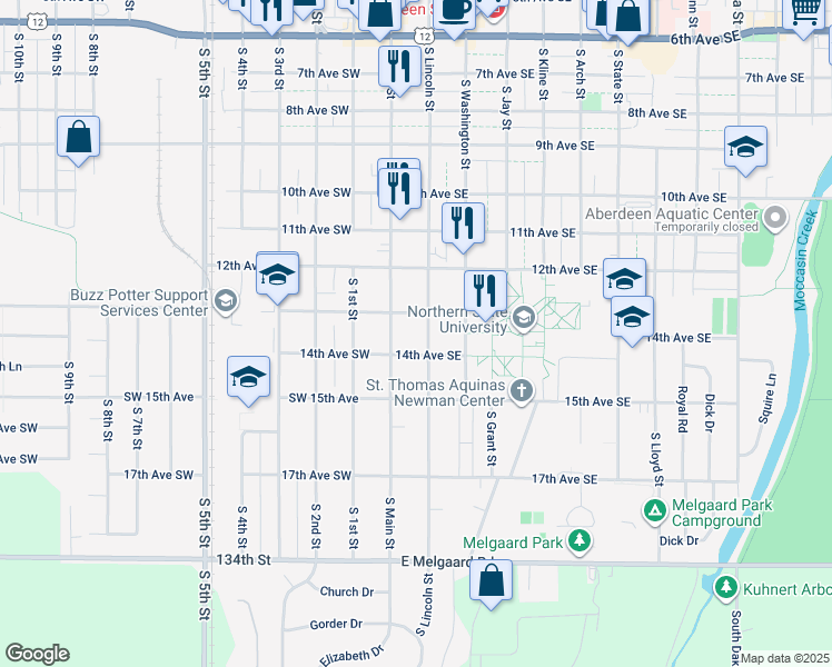 map of restaurants, bars, coffee shops, grocery stores, and more near 1302 South Lincoln Street in Aberdeen