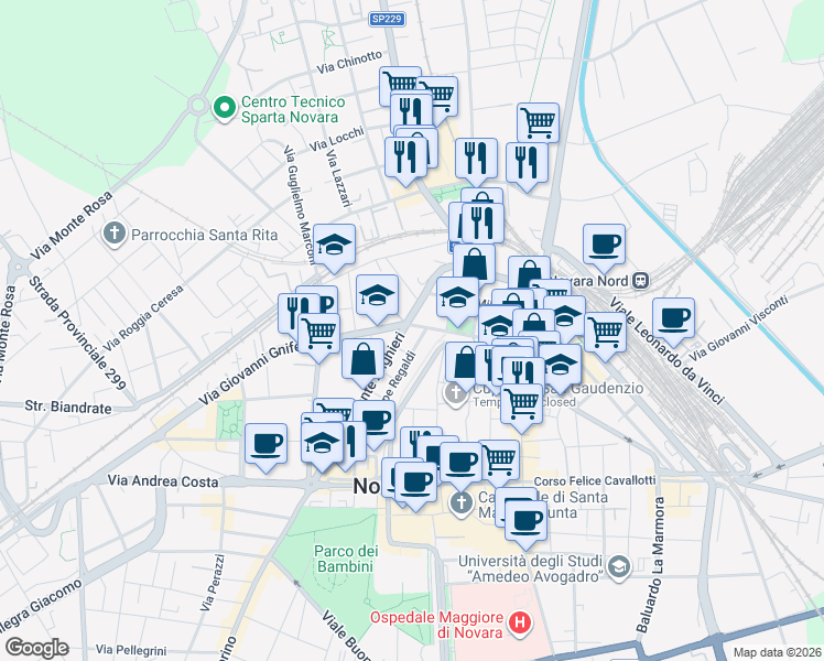 map of restaurants, bars, coffee shops, grocery stores, and more near 35c Viale Dante Alighieri in Novara