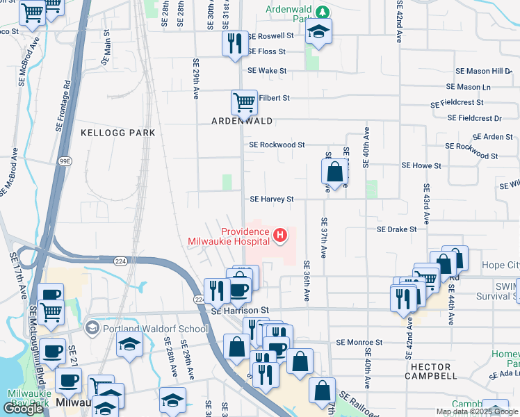 map of restaurants, bars, coffee shops, grocery stores, and more near 3236 Southeast Harvey Street in Milwaukie