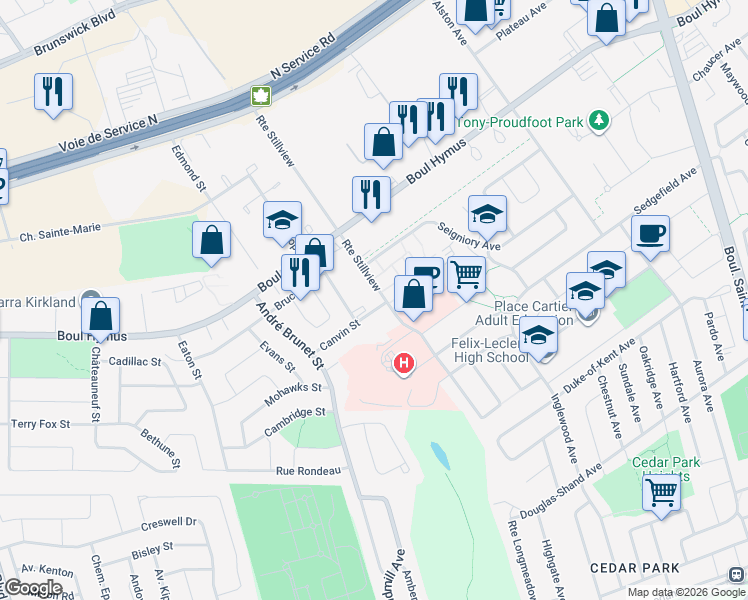 map of restaurants, bars, coffee shops, grocery stores, and more near 242 Avenue Stillview in Pointe-Claire
