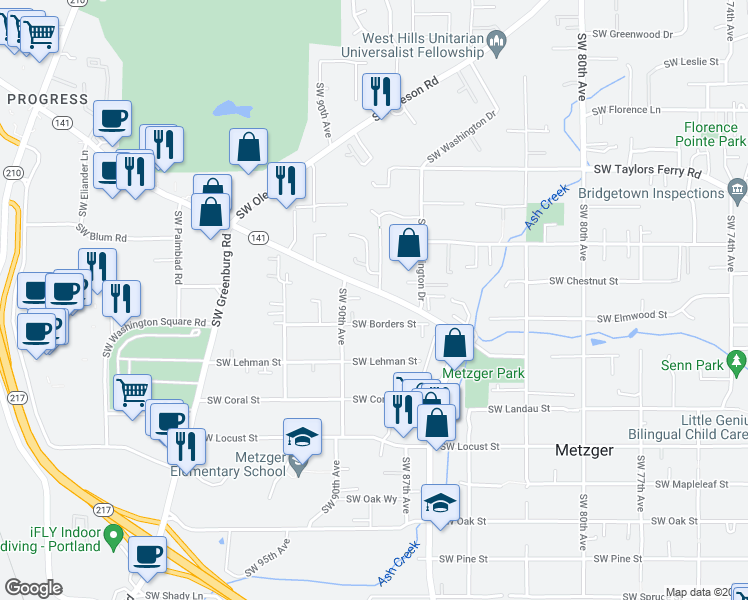 map of restaurants, bars, coffee shops, grocery stores, and more near 9509 Southwest Hall Boulevard in Portland