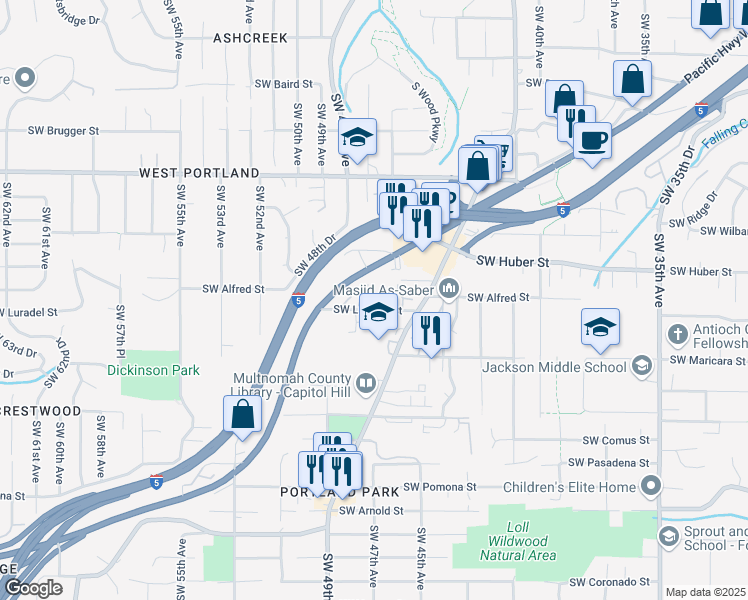 map of restaurants, bars, coffee shops, grocery stores, and more near 4621 Southwest Luradel Street in Portland
