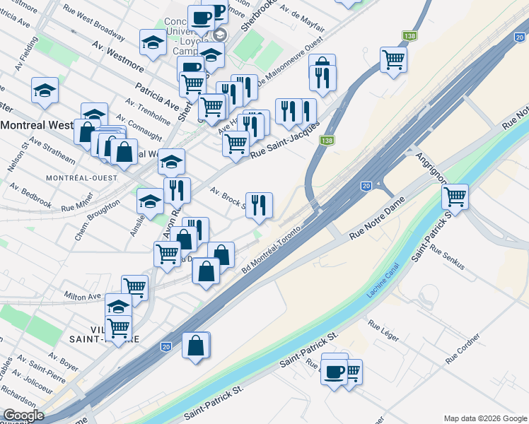 map of restaurants, bars, coffee shops, grocery stores, and more near 191 Avenue Brock Sud in Montréal-Ouest